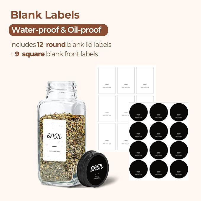 ComSaf Glass Spice Jars with with Labels 8 oz 6 Pack Square | Empty Containers, Seasoning Herbs Powders, Salt Pepper Chili, Spice Rack Organization, Kitchen Cabinet Storage