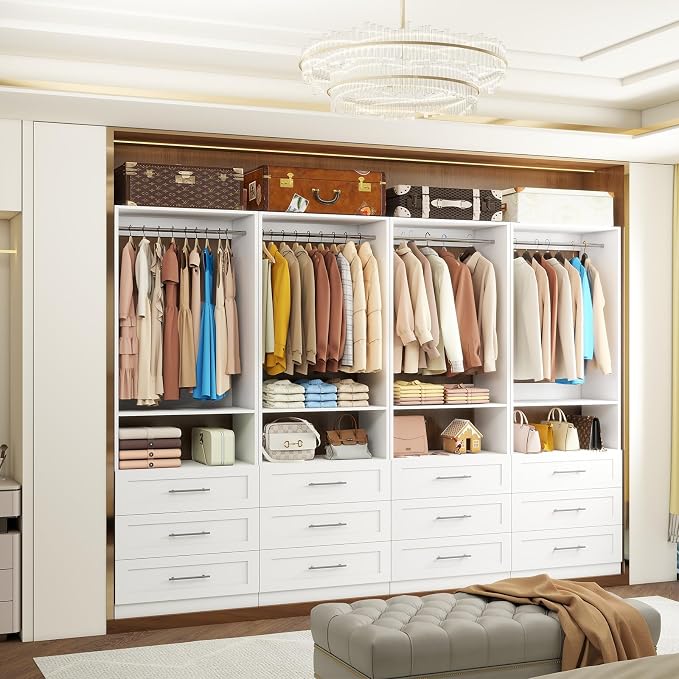 Closet System with 12 Drawers, 8FT-21FT Closet Organizer System Wooden Walk-in Closet Shelf Corner Small Closets Storage System with 8 Hanging Rods Modular Freestanding White, 3Sets