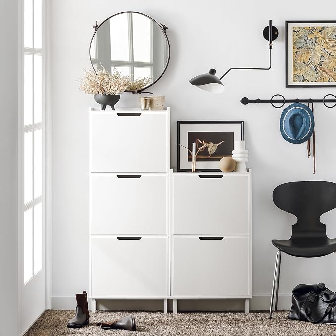 SoBuy Narrow Shoe Cabinet Entryway with 3 Flip-Drawers, Slim Freestanding Shoe Organizer, Space-Saving Hidden Shoe Storage Rack for Hallway or Closet, White FSR151-H-W