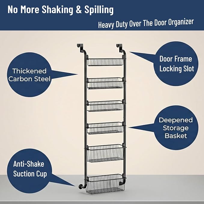 Purebox 6-Tier Over The Door Pantry Organizer & Spice Rack, Heavy-Duty Thickened Carbon Steel Frame with Deep Baskets & Anti-Shake Suction Cups for Kitchen Bathroom Laundry & Closet