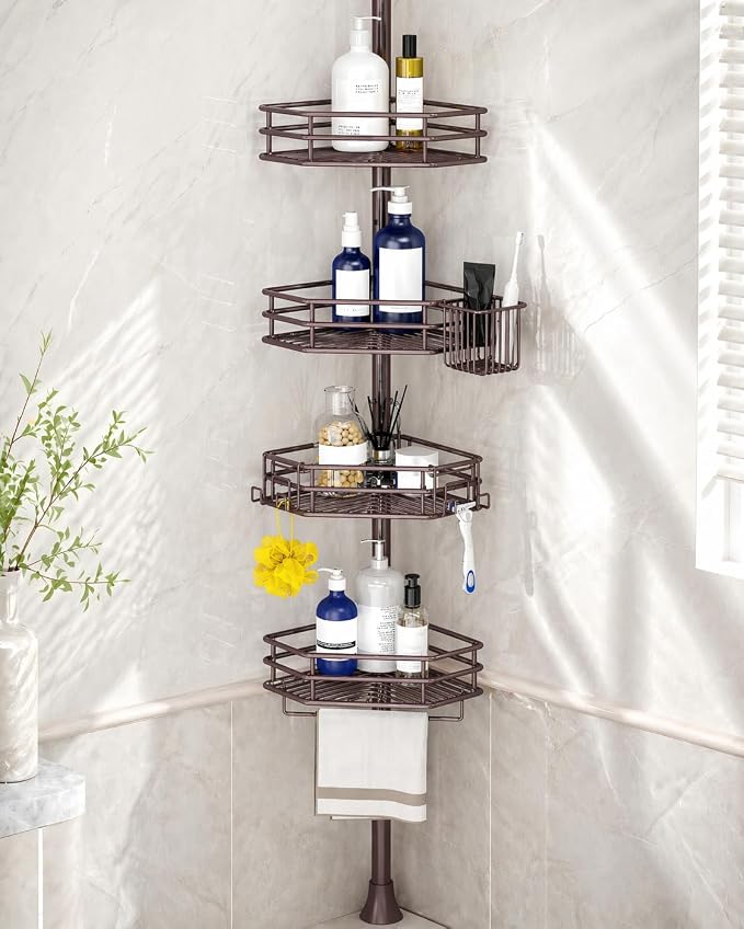 SEIRIONE Corner Shower Caddy Tension Pole, Quick Setup, Rust-Free Bathroom Shower Organizer Corner for Bathtub Shampoo Storage, 4-Tier Adjustable Shelf, Drill Free, Fits 34 to 116 Inch Height, Bronze