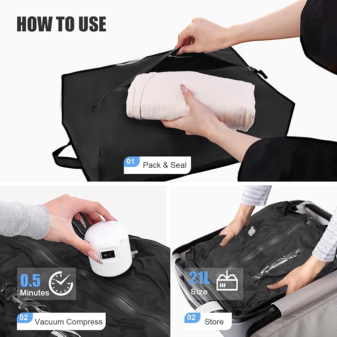 4PCS Vacuum Bags for Travel with Pump, 21L Reusable Compression Bags with IP68 Waterproof Zipper, Space Saving Airless Travel Bags for Family Luggage & Home Storage, Black