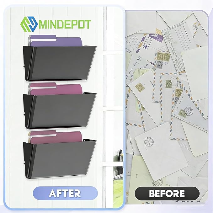 MINDEPOT 1 Pockets Acrylic Wall File Organizer, Clear Wall File Holder, Plastic Hanging Wall File Holder for Office, School and Home, Black
