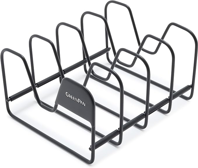 GreenPan Stainless Steel Wire Pots and Pans Lid Storage Rack, Holds 4 Lid Covers, Easy Storage, Countertop or Cabinent Organizer, Minimizes Clutter, Fast Drying, Wipes Clean, Black