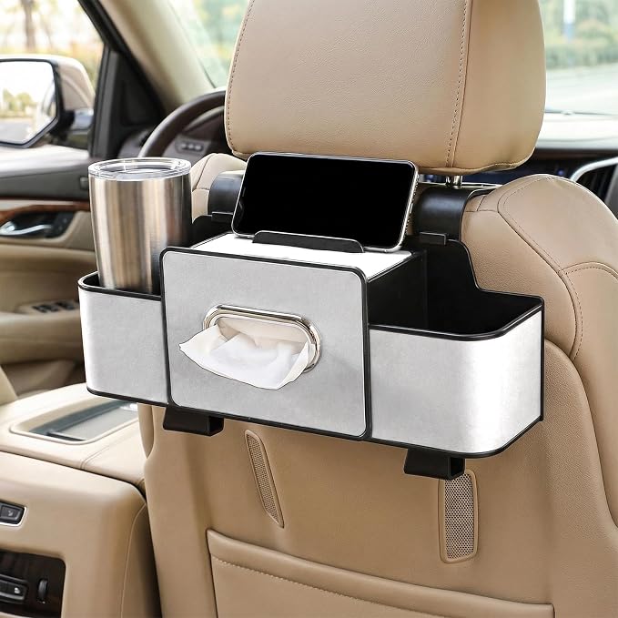 Car Back Seat Organizer, 3-in-1 Auto Seat Back Organizer with Tissue Box, Cup Holders & Hooks, Multifunctional Vehicle Backseat Hanging Organizers for Phones Drinks Handbags (Beige)