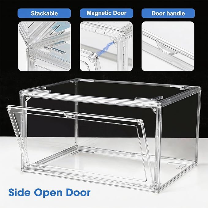 HIYOHIYO 8 Pack Clear Shoe Box Organizer, Large Capacity Fit US Size 14 | Stackable, With Magnetic Door, Thicken Sturdy, Easy Assembly Transparent Display Case, For Sneaker, Ankle Boots, High Heels