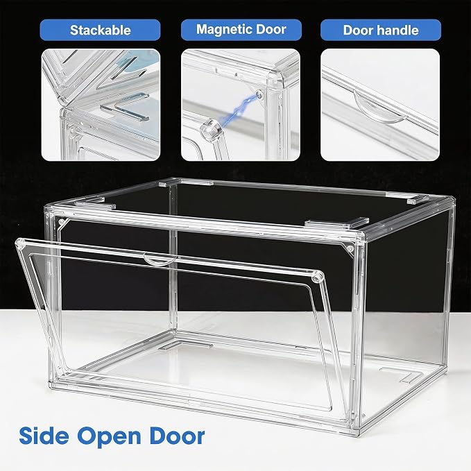 HIYOHIYO Clear Shoe Storage Box with Large Capacity Fits US Size 14, 1-Pack | Stackable, With Magnetic Door, Thicken Sturdy, Easy Assembly Transparent Display Case, For Sneaker, Ankle Boots, High Heels