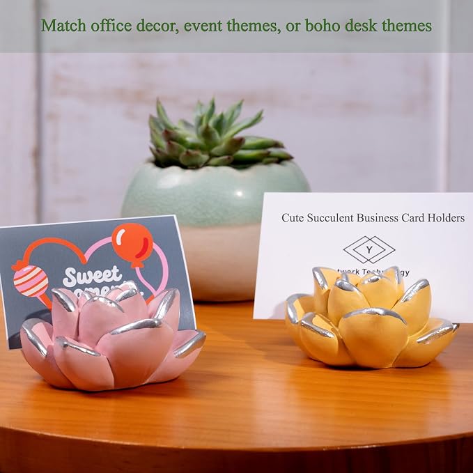 Resin Succulent Business Card Holder Set of 5 - White, Pink, Green, Purple, Yellow - Cute Card Display Stand for Store, Weddings and Office Desk Decor Accessories - Unique Gift for Women