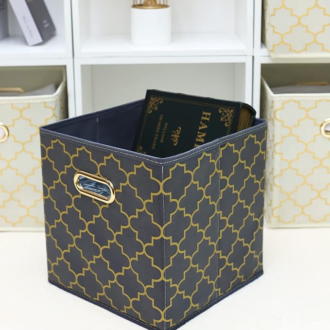 Fabric Cloth Storage Bins,Fabric Cube Organizer with Dual Handles Foldable Cube Storage Baskets for Home Bedroom Storage,Set of 3,(Grey Gold)