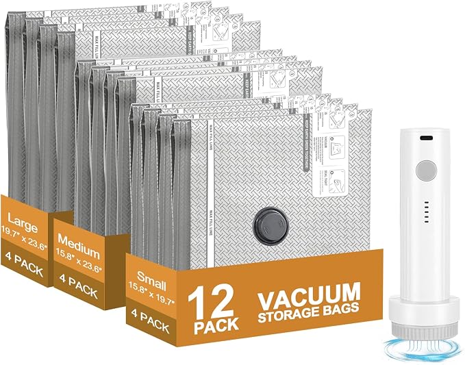 Travel Vacuum Bags with Electric Pump, Cordless Space Saver Storage Seal, Luggage Compression Packing Cubes for Clothing (12 Combo Set)