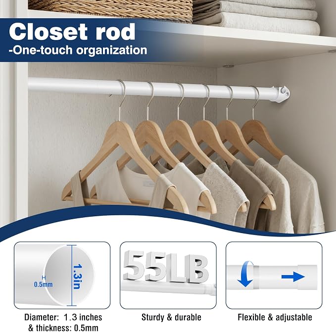 Closet Rods for Hanging Clothes, 16 to 52 Inches Adjustable Closet Rod, White Tension Rod for Closet Heavy Duty Metal Closet Pole, 1.3 Inch Diameter Closet Rod for Wardrobes Closet RV