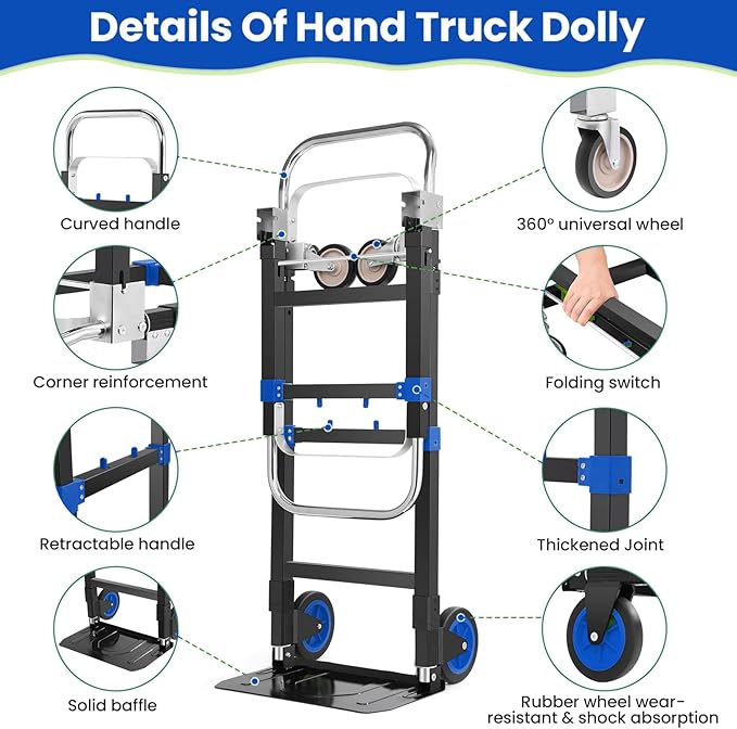3-in-1 Folding Hand Trucks, 600Lbs Convertible Hand Truck Dolly, Heavy Duty Convertible Dolly with Retractable Handle and 4 Rubber Wheels, Collapsible Cart for Moving Office/Home/Warehous(Blue)