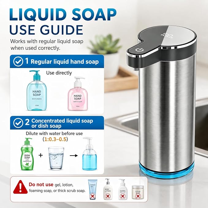 Automatic Liquid Soap Dispenser, Touchless Rechargeable Soap Dispenser for Kitchen & Bathroom, Stainless Steel, 4 Adjustable Liquid Levels, USB-C, Waterproof, 12oz/350ml