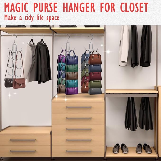 Handbags Purse Organizer for Closet: Bag Rack Hanger with 10 Big Hooks - 360° Rotation Purse Hanger for Display - Collapsible Space Saving for Handbag Belt Scarve Tie - 1 Pack Silver