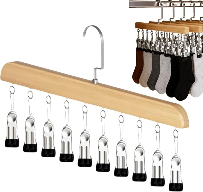 Closet Organizer with 10 Clips, 2026 New Wooden Pants Hangers with 10 Clips Multi-use Hanging Leggings Storage Organizer, Space-Saving Hanger for Skirts Scarves Hats Socks (1 Pcs Primary Color)