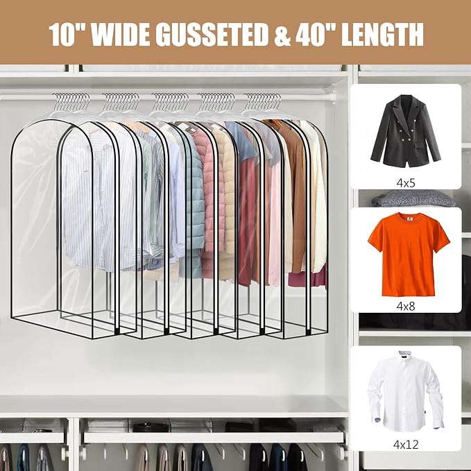 5 Pack 40" All Clear Garment Bags for Hanging Clothes Storage, 10" Gusseted Large Capacity Garment Rack Cover, Large Hanging Clothing Bag for Dress Gowns, Coats, Suit, Down Jacket