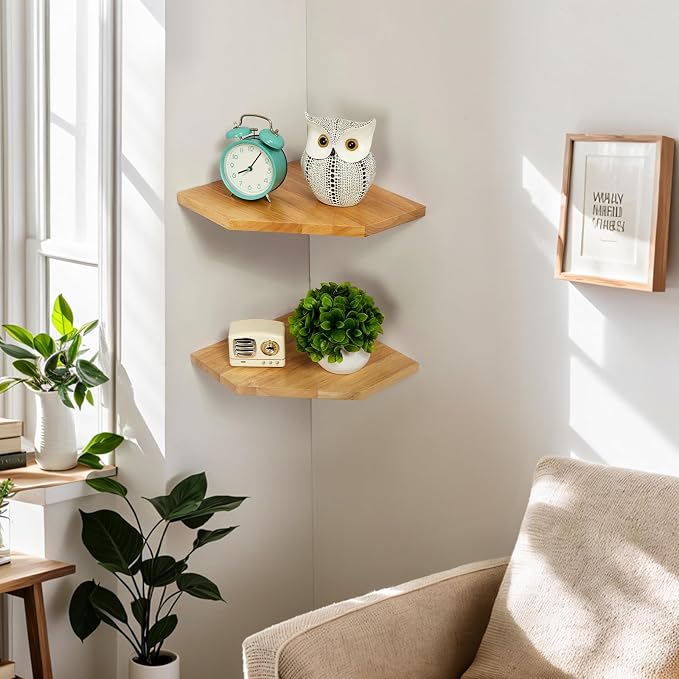 Corner Wall Shelves, Corner Floating Shelves Set of 2 Solid Oak Wood Display Shelf with Wire Hole Small Plant for Kitchen Living Room