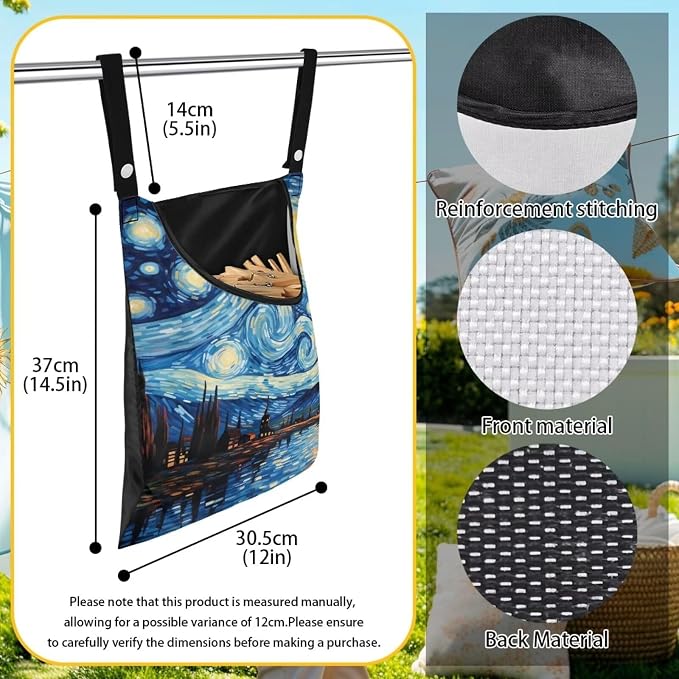 Van Gogh Starry Night Clothespin Bag with Hanging Rope 14.5 x 12 Inch Summer Waterproof Laundry Clothes Pin Holder Clothespin Storage Organizer with Large Opening