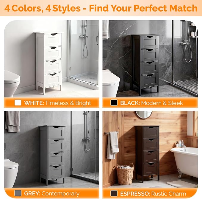 Bonnlo Slim Bathroom Floor Cabinet, 4-Drawer Wooden Freestanding Storage Unit, Small Side Organizer for Narrow Spaces, Compact Bathroom Storage Cabinet for Kitchen, Hallway & Office, Matte Black