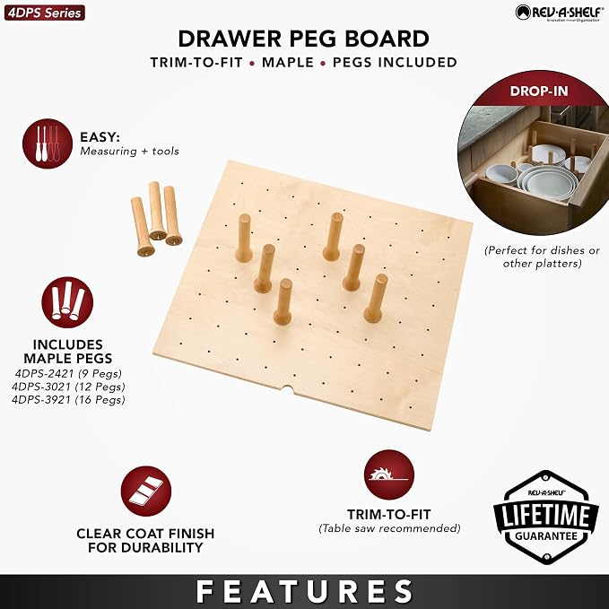 Rev-A-Shelf Trimmable Pegboard Drawer Divider Organizer, Trim to Custom Fit Wooden Kitchen Cabinet Storage Utensil, Pots & Dish Rack, 24" x 21", 4DPS-2421