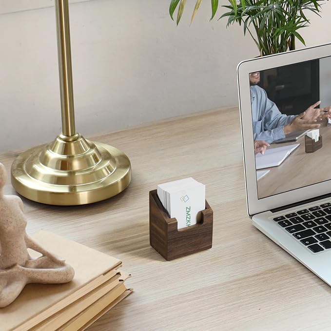 Walnut Wood Business Card Holder for Desk - Vertical Business Card Display Stand - Wooden Business Card Organizer for Office Tabletop Desktop
