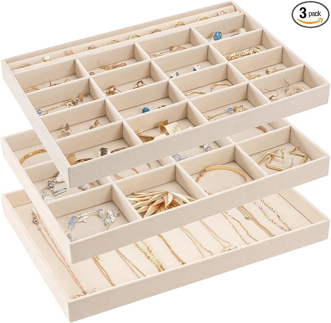 ProCase Stackable Large Jewelry Drawer Organizer, 3 Pack Velvet Jewelry Organizer Tray with Removable Dividers for Earring Necklace Bracelet -Beige