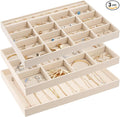 ProCase Stackable Large Jewelry Drawer Organizer, 3 Pack Velvet Jewelry Organizer Tray with Removable Dividers for Earring Necklace Bracelet -Beige