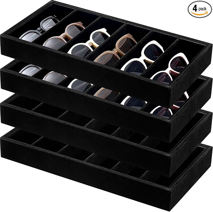 Juexica 4 Pcs Velvet Sunglasses Organizer Tray 6 Grid Sunglass Organizer Velvet Tray Stackable Glasses Display Case for Women Glasses Jewelry Display Watch (Black)