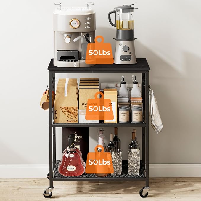 Homleke 3-Tier Rolling Kitchen Microwave Cart, Utility Cart | with Lockable Wheels Coffee Bar Table Station with 6 Hooks, Small Appliance Storage Shelf, Black