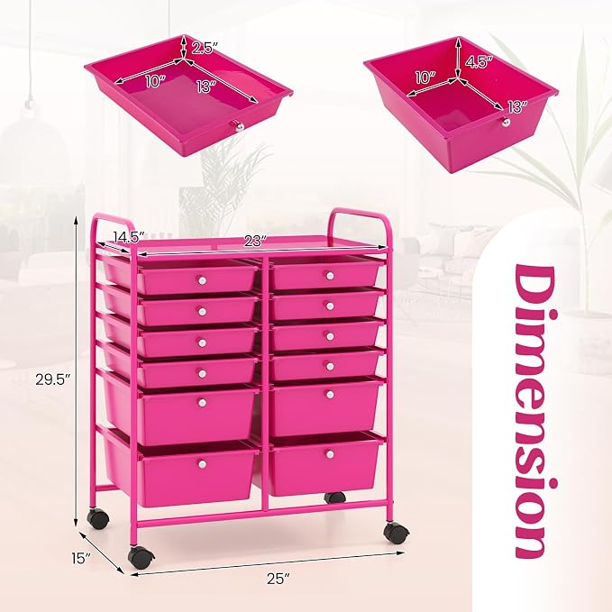DREAMADE Rolling Cart with Storage Drawers, Utility Cart with Removable Plastic Drawers, Lockable Wheels, Art Cart for Classroom Organization Art Supplies Office Scrapbook (12 Drawers, Hot Pink)