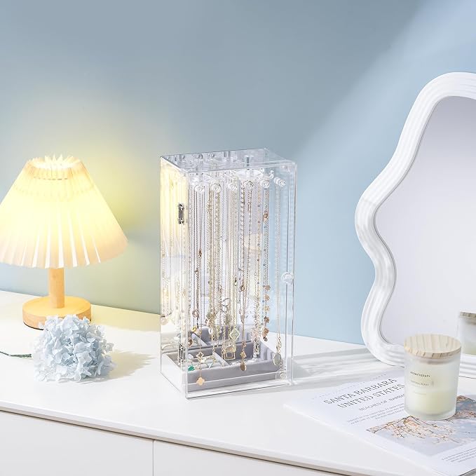 Lolalet Necklace Holder Organizer, Acrylic Jewelry Organizer with 24 Hooks, Rotating Clear Necklaces Display Box with Built-in Mirror, Dust-proof Jewelry Storage Case with Velvet Tray -Clearmirror