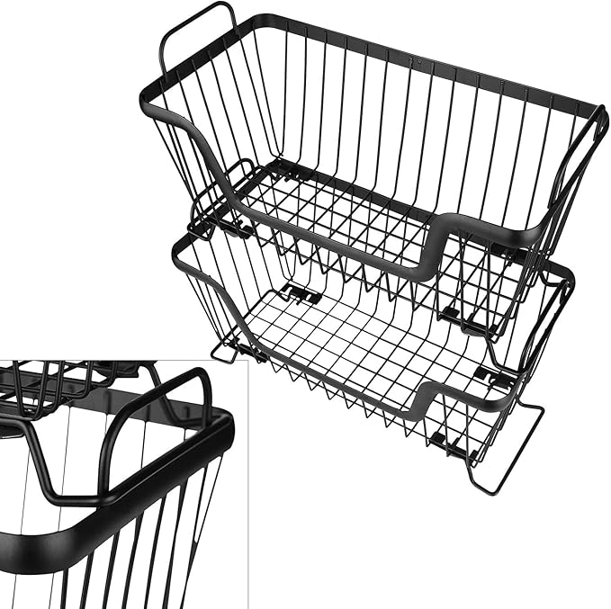 LOTTS Stackable wire basket for pantry, Metal Pantry basket, Storage Organizer Bin with Handles, Fruit basket for Kitchen Cabinets, Pantry, Closets, Bedrooms, Bathrooms (12.6×6.5×7.6")- 2 Pack