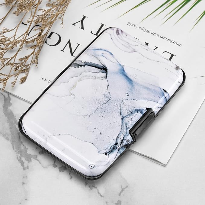 ELFISH RFID Blocking Credit Card Protector Aluminum ID Case Hard Shell Business Card Holders Metal Wallet for Men or Women (Graywhite Marble)