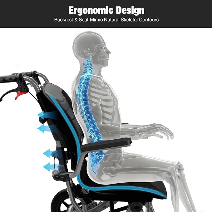 Wheelchairs for Adults Ergonimic Transport Chair Lightweight Foldable with Telescopic Handle 11-inch Big Wheels for All Terrains Travel Wheelchair with Removable Cushion