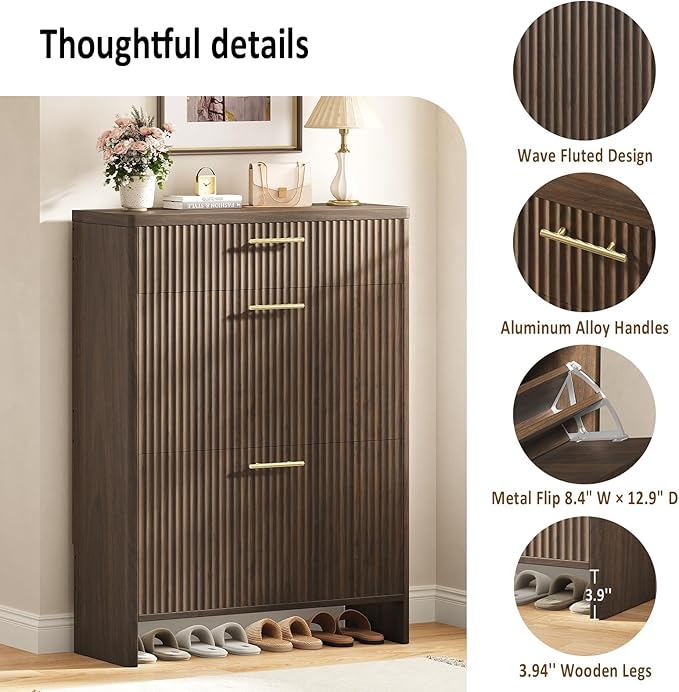 Fluted Shoe Storage Cabinet for Entryway, Narrow Wooden Shoe Cabinet with 2 Flip Drawers & Pull-Out Drawer, Modern Freestanding Slim Shoe Organizer Rack for Foyer/Hallway/Living Room, Walnut