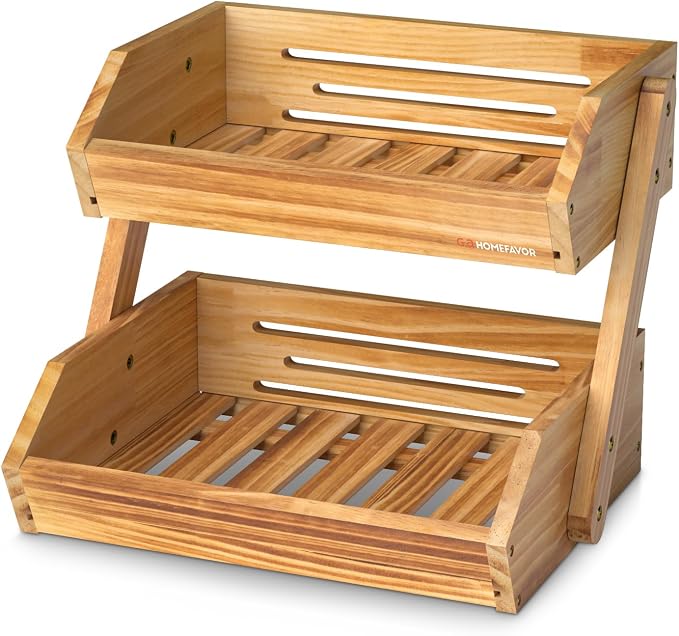 G.a HOMEFAVOR 2-Tier Pine Wood Fruit Basket, Self-assembly | Fruit Bowl for Kitchen Countertop, Vegetable Storage and Home Organizer