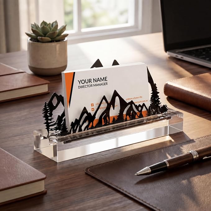 CroBlissful 2 Pcs Mountain Business Card Holders for Desk, Acrylic & Metal Black Mountain Range Forest Silhouette Business Card Display Stand for Home Office