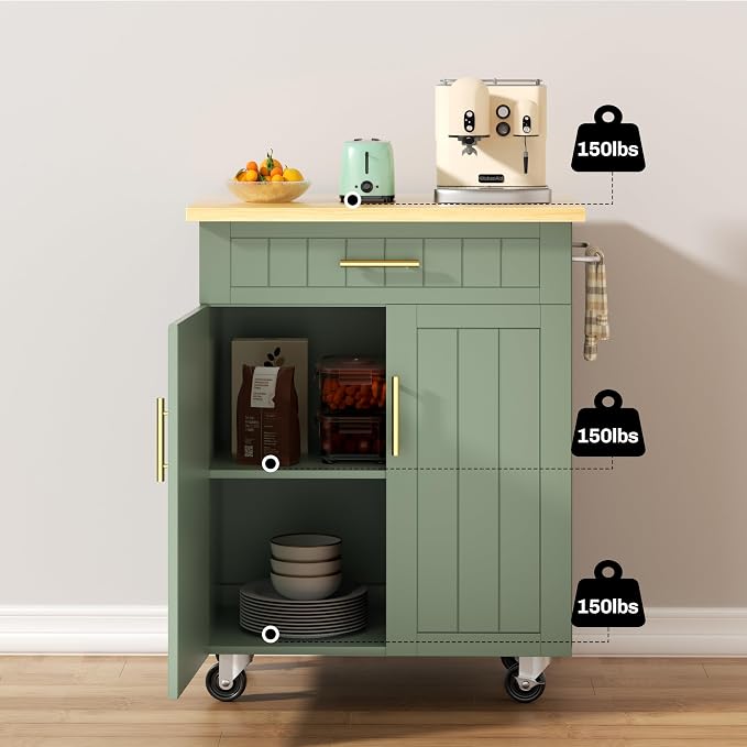 SUNLEI Rolling Kitchen Island Cart with Storage & Drawer – 26" Portable Kitchen Cart with Lockable Wheels, Towel Rack & Open Shelves for Kitchen, Dining Room, Living Room(Green)