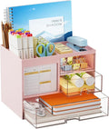 Marbrasse Desk Organizer with 3 Drawer, Multi-Functional Pencil Pen Holder for Desk, Desk Organizers and Accessories with 4 Compartments, Desktop Organizer Storage for Office Home Art Supplies (Pink)