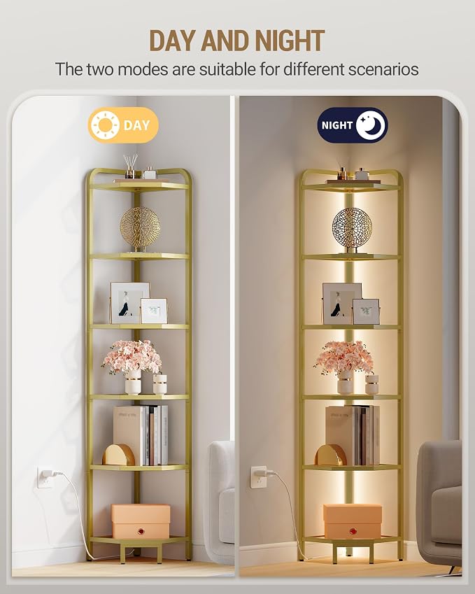 Hzuaneri Corner Shelf with LED Lighting, 6-Tier Glass Bookshelf | Steel Frame, Tempered Glass, Modern Style Corner Shelf, Suitable for Living Rooms, Bedrooms and Games Rooms