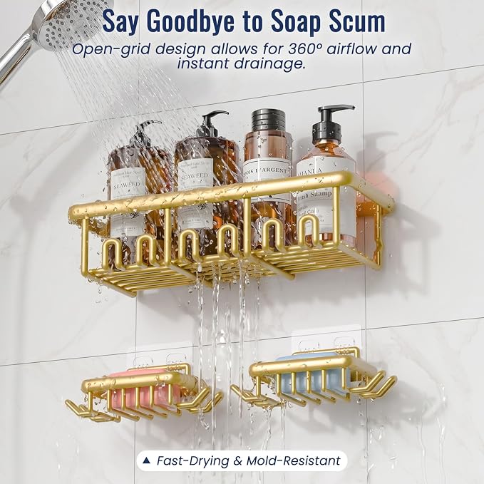 8 Pack Adhesive Rustproof Shower Caddy with Soap Dishes, Toothbrush Holder & Hooks, Large Capacity No-Drilling Shower Shelves Rack for Bathroom Organizers and Storage Accessories, Gold