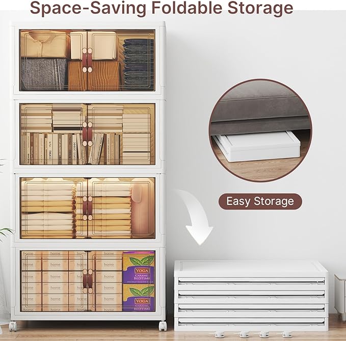 UAMFURI Stackable Storage Bins with Lids, 960QT Closet Organizers, Lockable Storage Cabinet, Foldable Storage Box with Doors and Wheels, Plastic Drawers for Home, Garage, Office (8, White, Large)