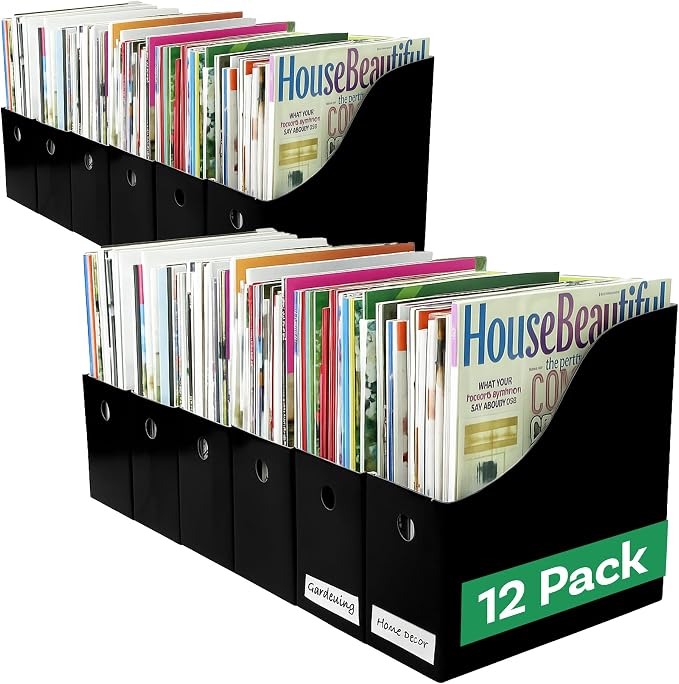 Evelots Magazine File Holder - Set of 12 Black - Office Desk Organizer - Sturdy Cardboard - New Upgraded Double Front Panel for More Stability - Full 4 Inch Wide - Easy Assemble
