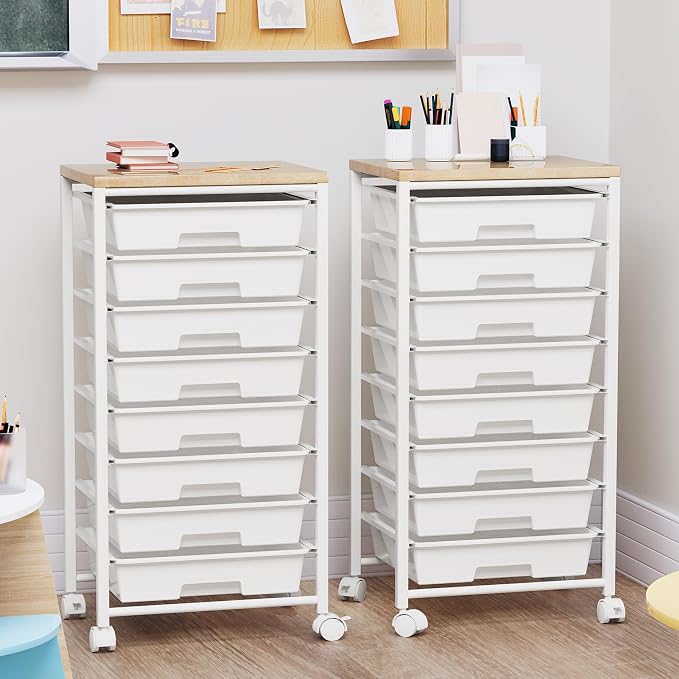 Rolling Cart with 8 Drawers, Storage Drawers Cart with Wooden Tabletop and Lockable Wheels, Craft Storage for Living Room, Office, Classroom, Craft Room, Bedroom