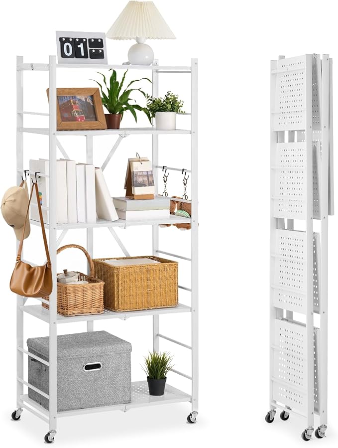 VEVOR 5-Tier Foldable Storage Shelf, 28 W x 15D x 64H Inch Folding Metal Rack Shelving Unit, No Assembly Organizer Shelf with 5 Wheels & 4 Hooks for Pantry, Kitchen, Garage, Basement, White