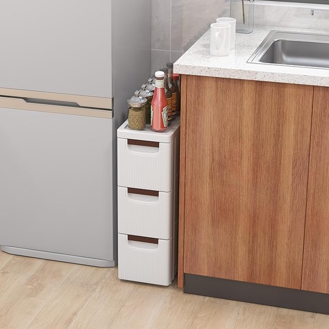 LOKO 3-Drawer Narrow Storage Cabinet, Slim Rolling Cart (7.5"x16.5"x22.5") | Mobile Plastic Cart Container | Pull Handles & Built-in Wheels | For Living Room, Kitchen, Bathroom, Office