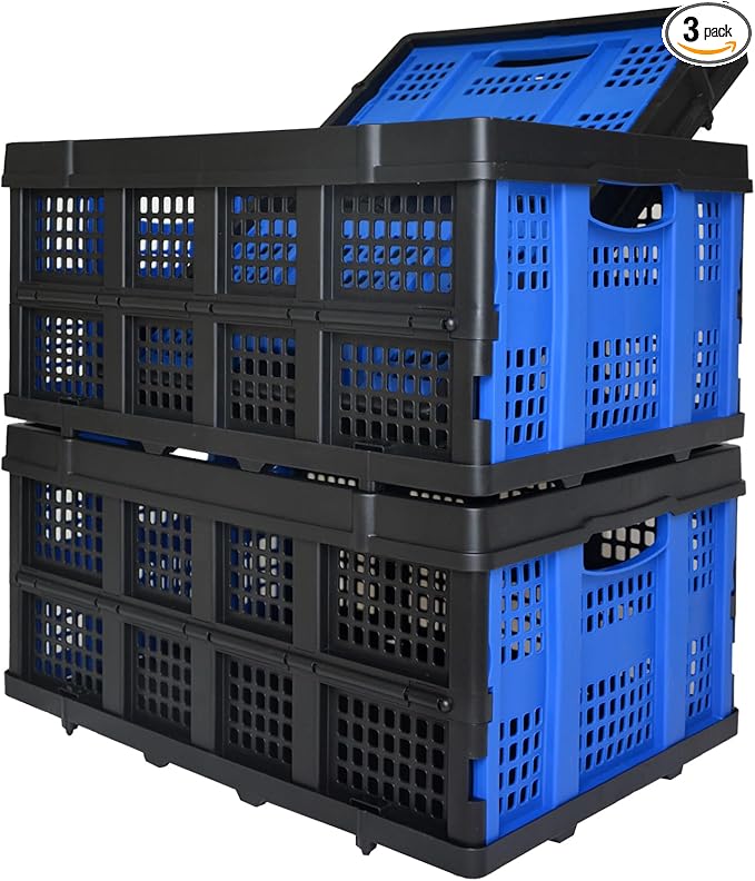 Collapsible Storage Crate 22L x 15W x 10.7H Inch - Foldable and Stackable Plastic Bin, 1.73 Cu Ft Folding Basket for Car Trailer Garage and Home – 3 Pack