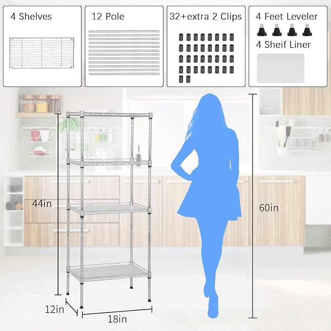 Meet perfect 4-Tier Wire Shelving Unit with 4 PP Liners, 18" W x 12" D x 44" H Heavy Duty Metal Shelf, 600Lbs Capacity Adjustable Storage Rack for Pantry, Laundry Room, Bathroom, Kitchen