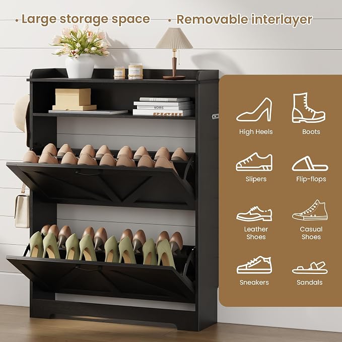 Shoe Cabinet with 2 Flip Drawers, Farmhouse Narrow Shoe Cabinet Organizer with 2 Adjustable Shelves & 2 Hooks, Shoe Rack for Entryway, Foyer, Hallway, Black, 31.5" W x 8.7" D x 41.7" H