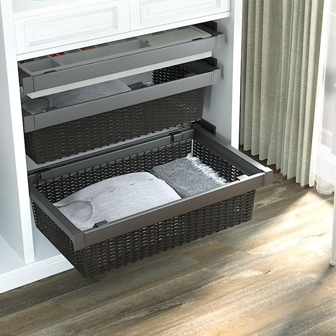 Pull Out Cabinet Storage Basket,Wardrobe Storage Organiser,Stackable Detachable Baskets Closet Storage Box,for Kitchen Office Wardrobes Cupboard Storage(Brown,437x20x480mm)